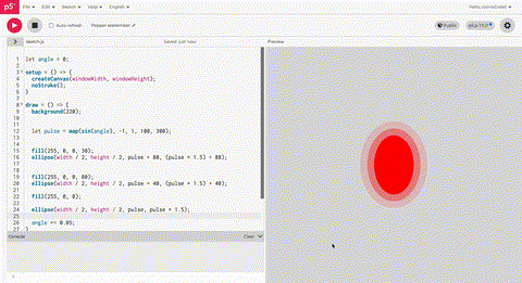 I first used three circles stacked together. I set different opacity and made them expand and shrink.