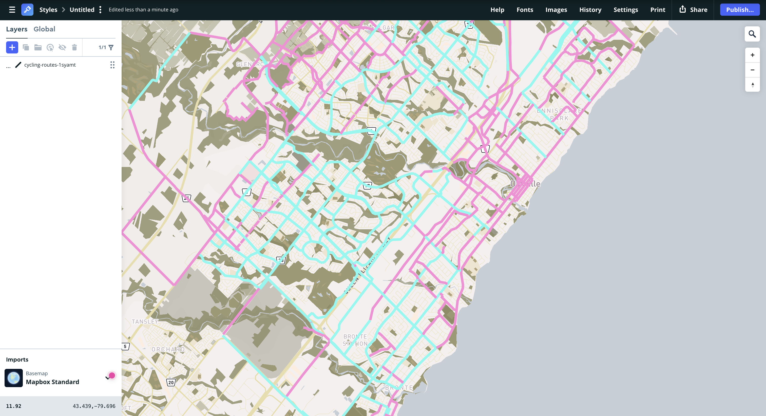 Mapbox tutorial 1 – Experimenting the bivariate line styles on the map using cycling routes data