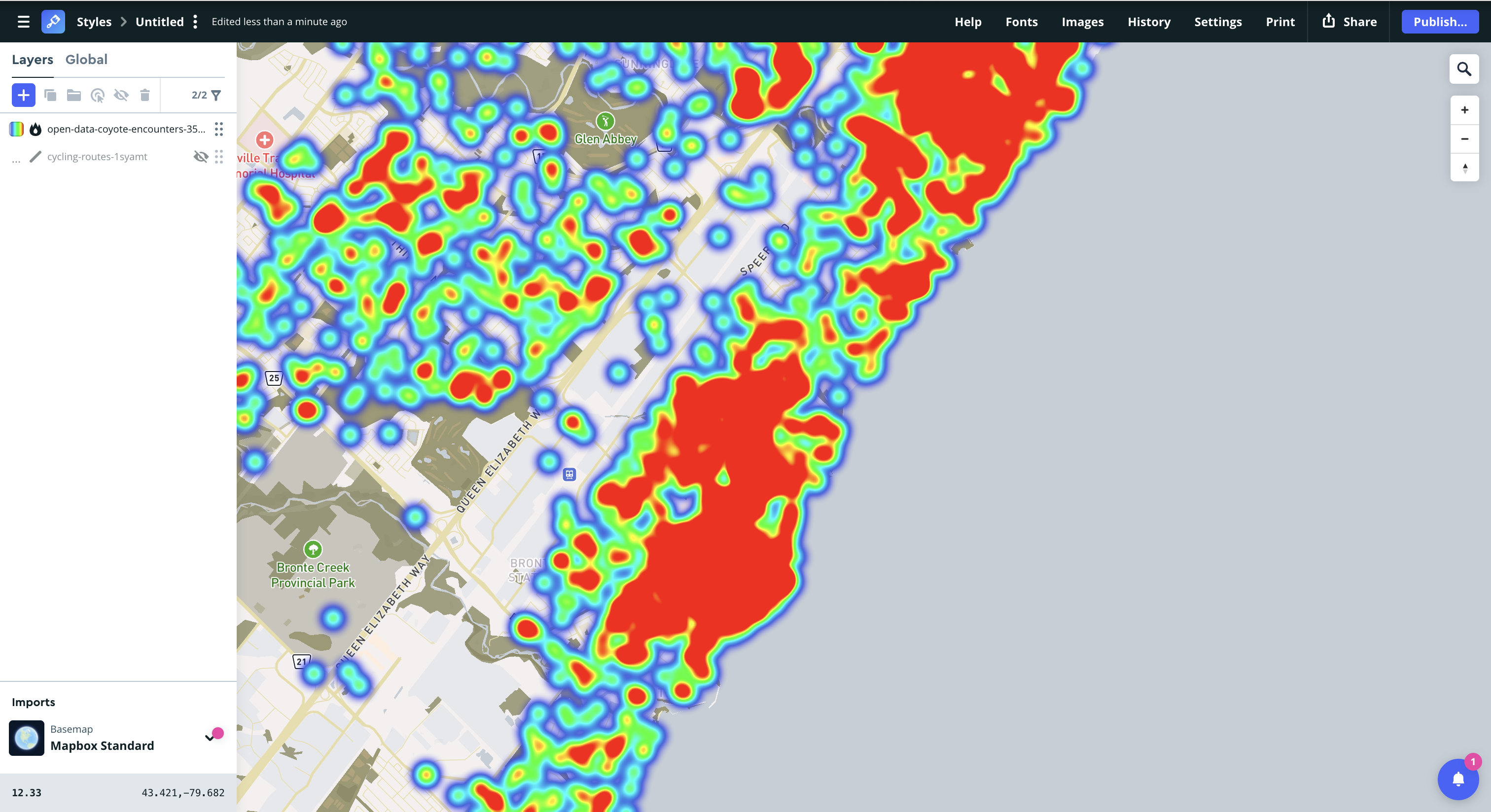 Mapbox tutorial 5 – Experimenting the heatmap styles on the map using cycling routes data