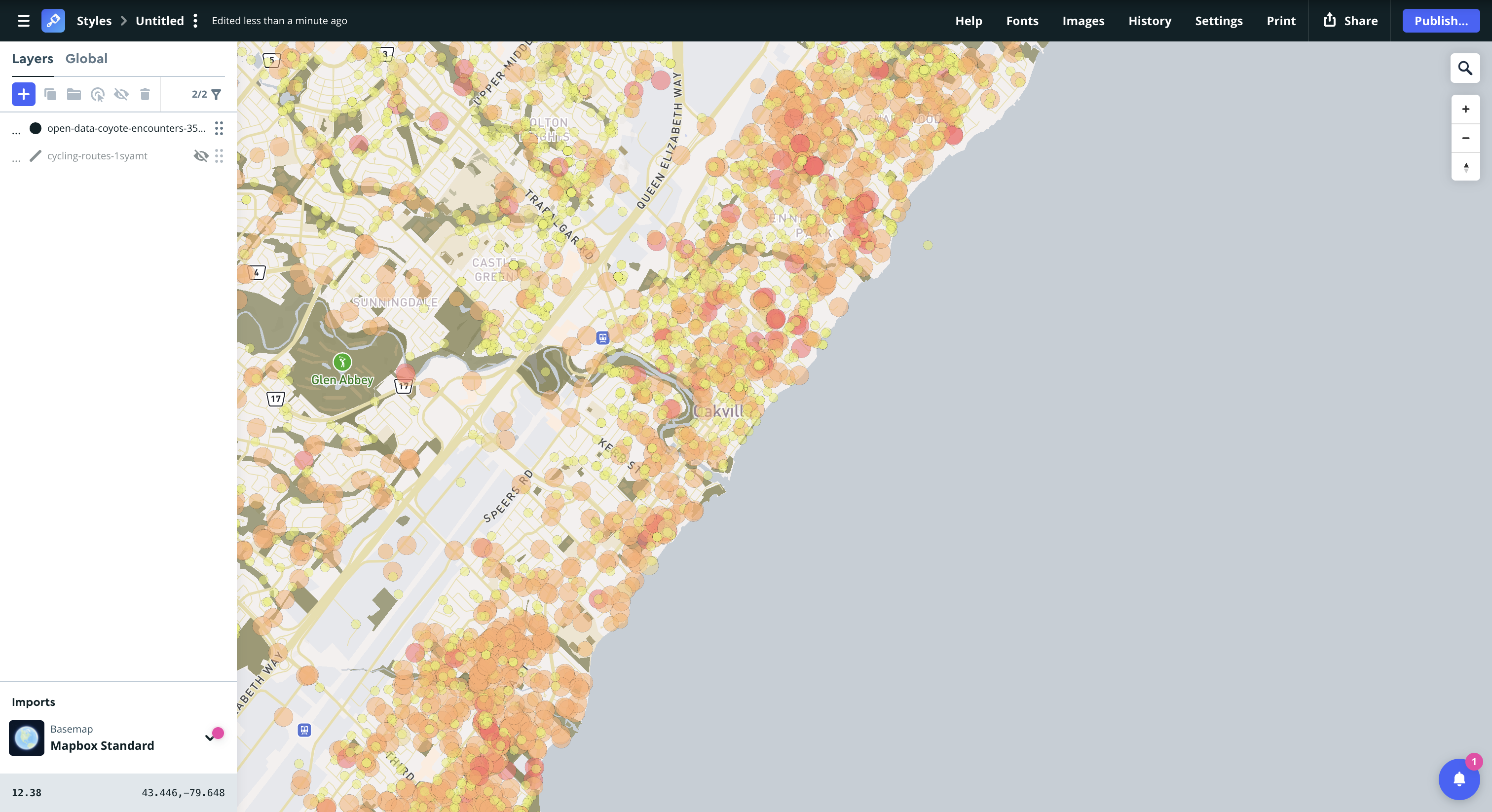 Mapbox tutorial 3 – Experimenting the bivariate circle styles on the map using coyote encounters data