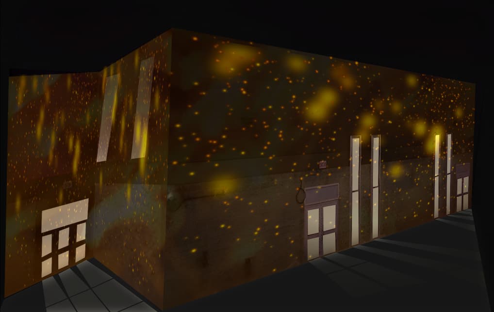 Finally, I combined all the previous elements, glowing particles, blurred highlights, and the fire texture overlay. This version shows the fire element onto the building surface.