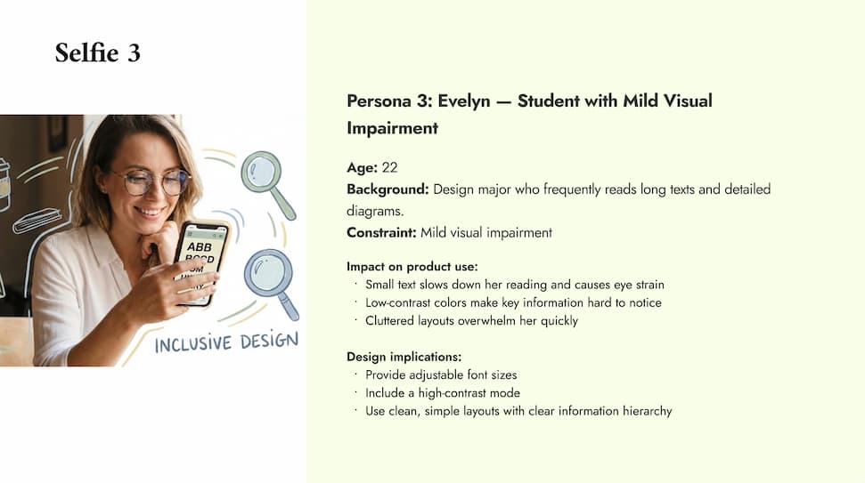 This selfie focuses a design student with mild visual impairment. I created a scene where she is looking at her phone and trying to read text that is too small. I added simple illustrations like glasses to show her need for clearer visuals. Through this process, I found out that how small design choices, such as text size can affect someone’s comfort and ability to focus.