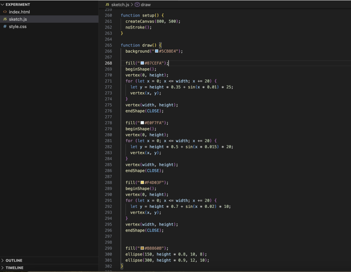 To draw the irregular natural edges, such as waves and sand , I used beginShape() and vertex() to connect points and form polygons